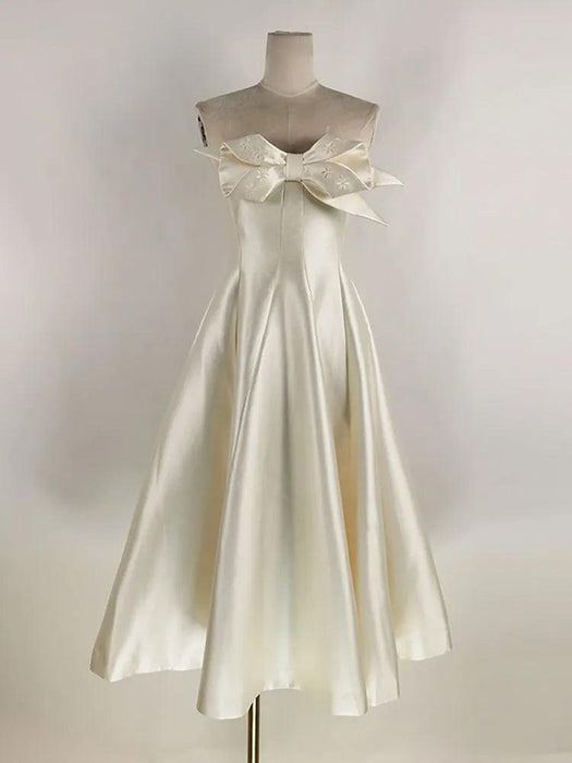 DEAT Chic Bowknot High-Waisted Satin Evening Dress - Strapless Backless Women's Summer Celebration Gown