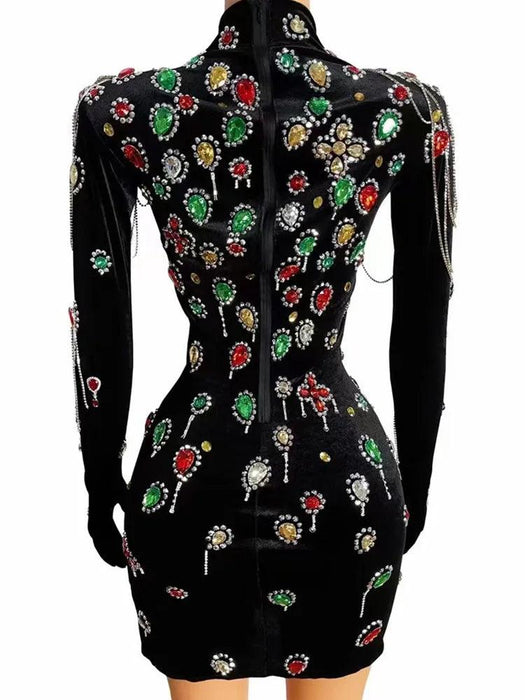 Chic Black Velvet Evening Dress with Vibrant Crystal Accents