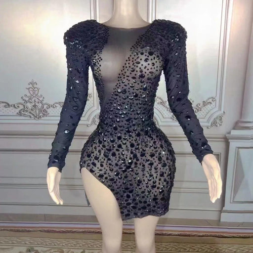 Glistening Black Rhinestone-Studded Sheer Long Sleeve Bodycon Mini Dress