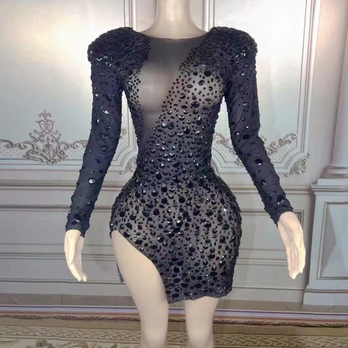 Shining Black Rhinestone Embellished Sheer Long Sleeve Bodycon Mini Dress