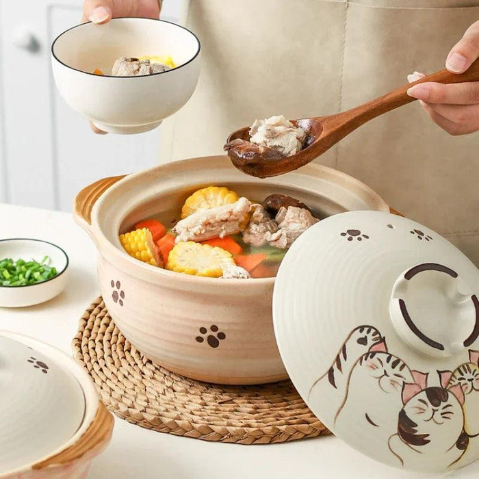 Charming Japanese Cat Ceramic Stew Pot with Easy Grip Double Ear Handle for Gourmet Cooking