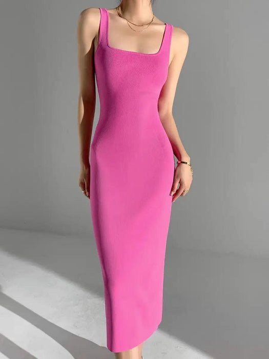 Elegant Midi Dress with Square Neck - Stylish Viscose Stretch