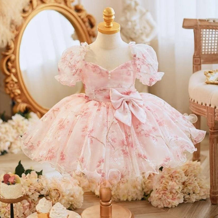 Charming Bow-Print Puff Sleeve Evening Dress for Girls