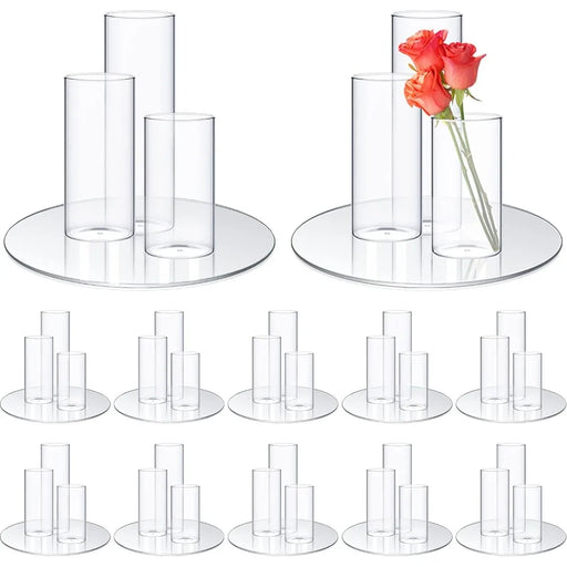 Set of 36 Elegant Glass Cylinder Vases and Mirror Trays Set for Wedding and Home Decor