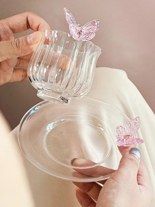 Charming Pink Bow Glass Cup and Saucer Set - 150ml Kids' Drinkware Gift