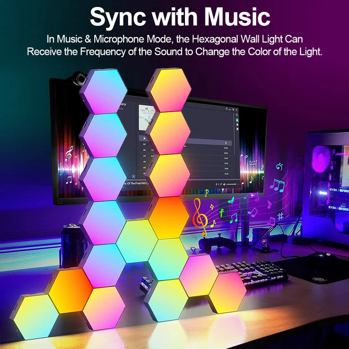 Dynamic Hexagonal RGB Music Sync Wall Panels - Unique Lighting for Gaming Setups and Bedrooms