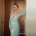 Sparkling Mint Green Long Sleeve Maxi Dress - Elegant Evening Gown for Women