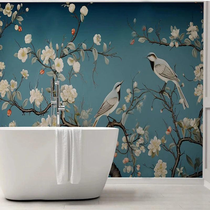 Asian-Inspired Hand-Painted Birds and Floral Mural Wallpaper - Elegant Custom Wall Art for Home Decor