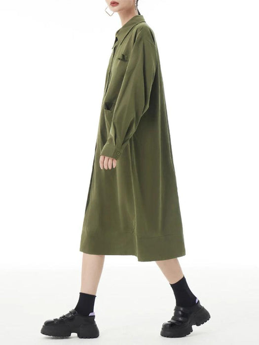 Plus Size Women's Green Midi Shirt Dress with Pockets