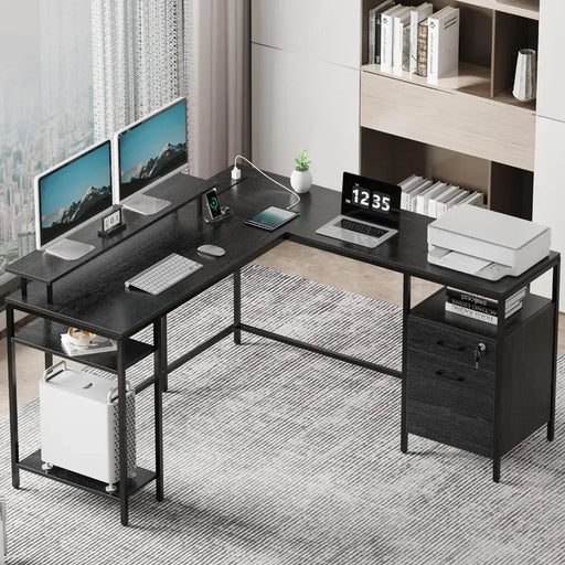 Home Office L-Shaped Corner Desk with Power Outlets - Black