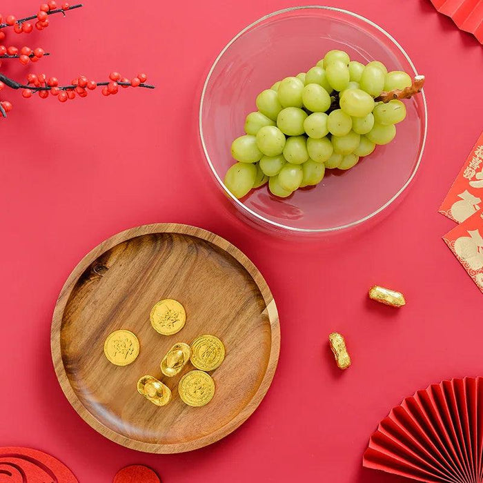 Elegant Acacia Wood Double-Tier Glass Storage Tray for Nuts and Fruits