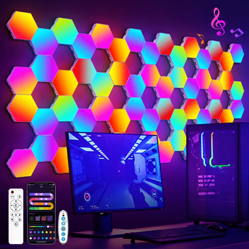 Dynamic RGB Hexagonal Music Sync Wall Panel Set - Versatile Lighting Design for Game Rooms and Bedrooms
