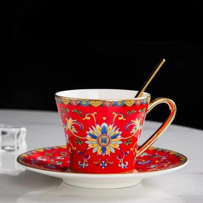 Imperial Elegance Enamel Porcelain Tea and Coffee Cup Set with Ornate Borders