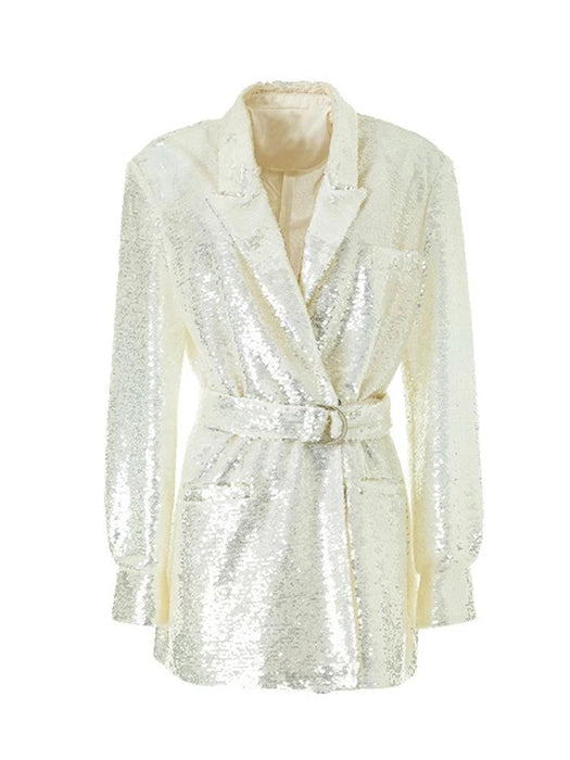 Glamorous Sequined Belted Blazer for Women - Sophisticated Lapel Long Sleeve Coat