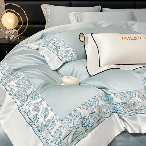 Luxury Rose Butterfly Embroidery 4-Piece Egyptian Cotton Bedding Set