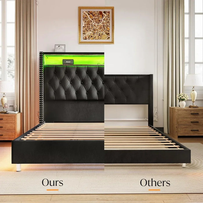 Elegant King Bed Frame with Customizable LED Ambiance and Integrated Charging Station