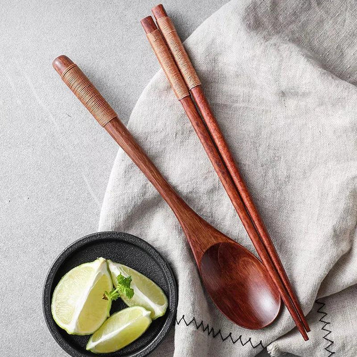 Stylish Wooden Utensil Collection: Premium Long Handle Soup Spoon & Elegant Chopsticks for Authentic Asian Dining