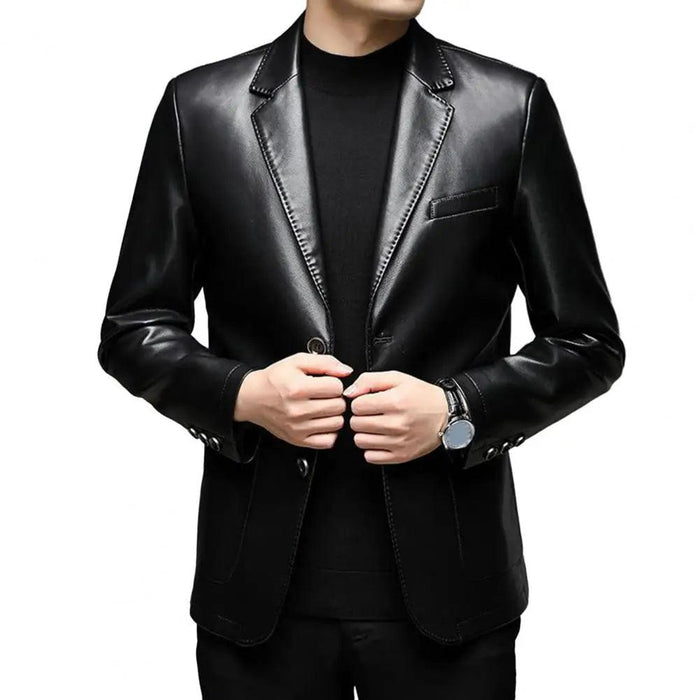 Men's Premium Faux Leather Lapel Jacket with Elegant Button Cuffs and Practical Pockets