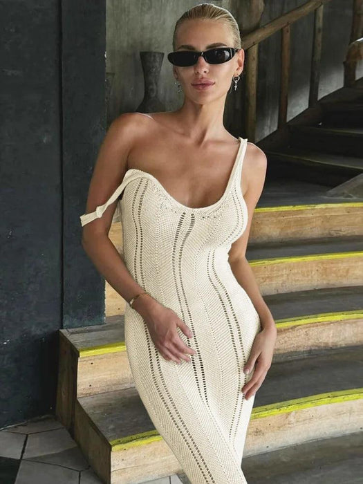 Hollow Out Knit Long Dress V Neck Sleeveless