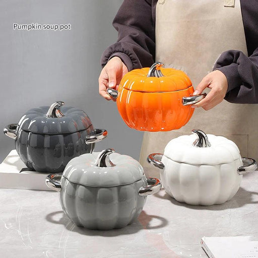 Festive Pumpkin-Shaped Ceramic Soup Pot and Dessert Bowl with Lid - Stylish Kitchen Essential