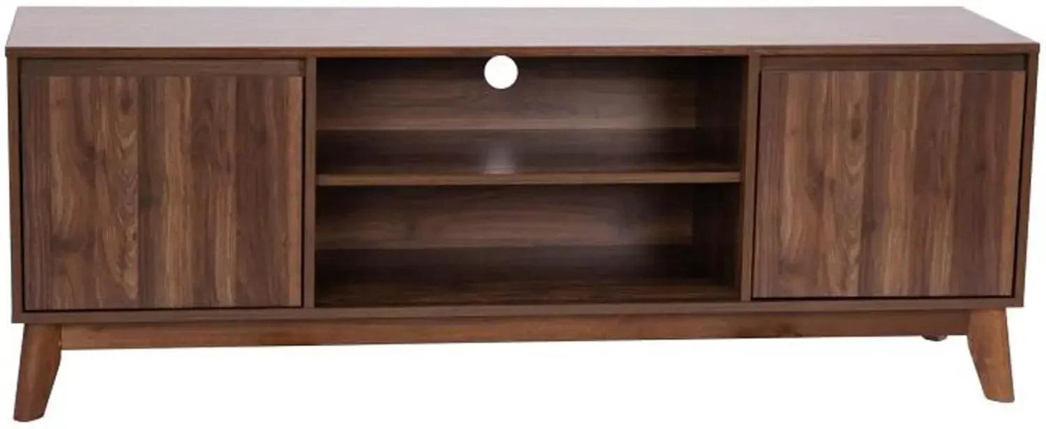 60" Walnut-Finished Mid-Century Modern TV Stand with Soft-Close Doors and Adjustable Shelf