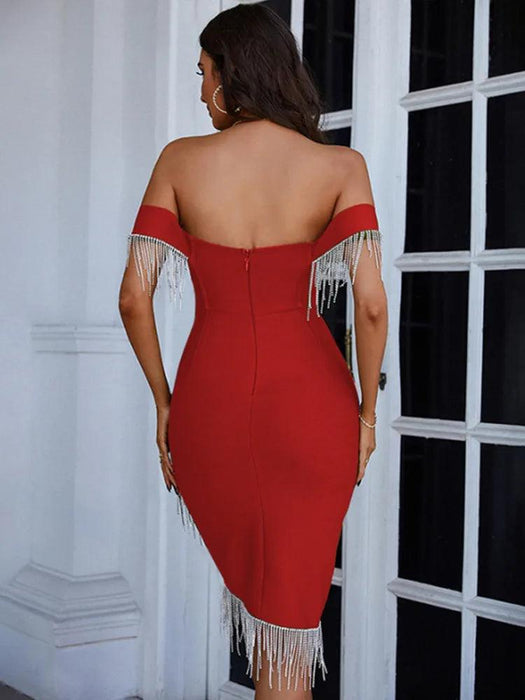 Chic Army Green Off Shoulder Mini Dress with Striking Red Accents - Summer 2023 Glam Collection