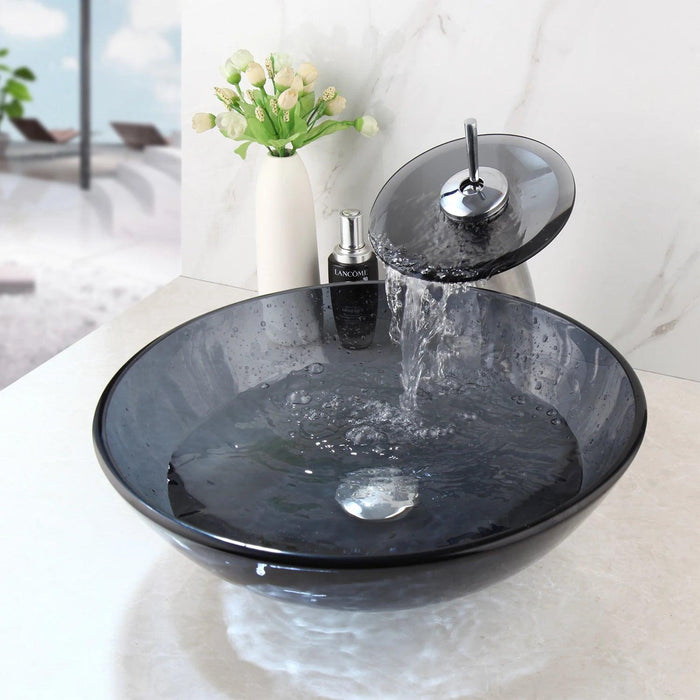 Artisan-Crafted Black Glass Vanity Basin Set with Chrome Waterfall Faucet