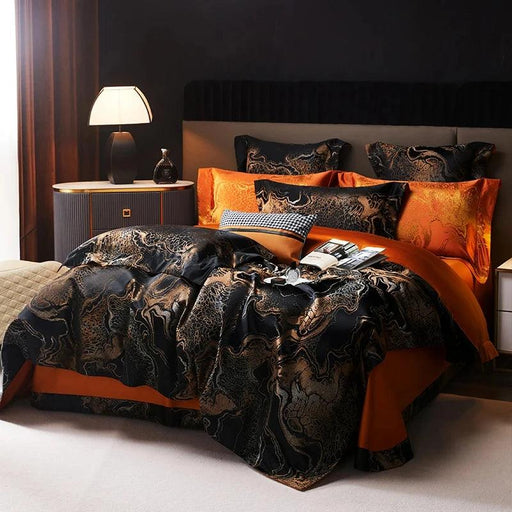 Luxurious Golden Jacquard Satin Bedding Set - 4-Piece Black Duvet & Egyptian Cotton Sheets