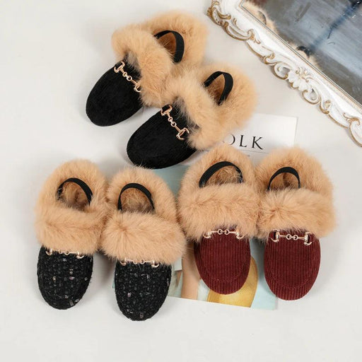 Charming Kids Black Fur Slip-On Slippers - Cozy Outdoor Slides for Boys and Girls