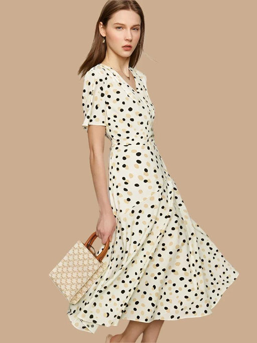 Elegant Chic Dot Print V-Neck Midi Dress for Women – Stylish Summer A-Line Chiffon Dress in White