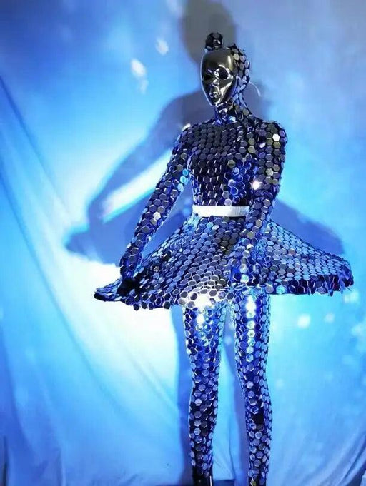 Glistening Silver Reflective Dance Costume for Stage and Celebration