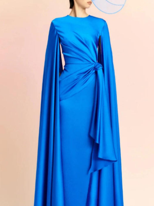 Chic Pleated Evening Dress with Bow Waist and Elegant Cape Sleeves - Summer Collection 35Z774