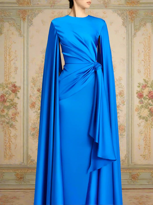 Chic Pleated Evening Dress with Bow Waist and Elegant Cape Sleeves - Summer Collection 35Z774