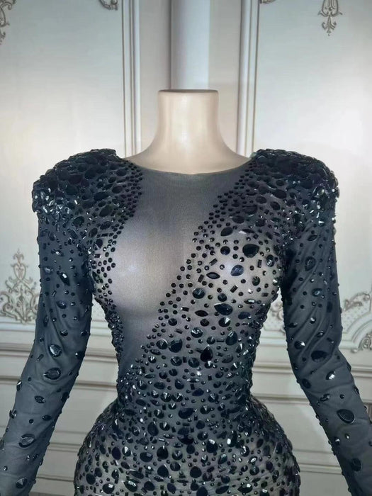 Glistening Black Rhinestone-Studded Sheer Long Sleeve Bodycon Mini Dress