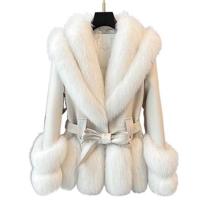 Luxurious V-neck Fox Fur and Sheepskin Winter Coat