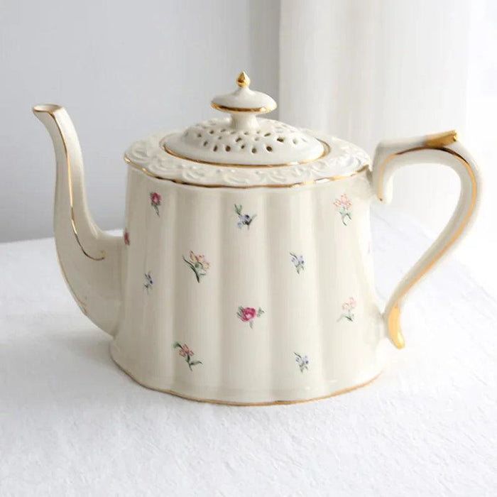 Elegant Bone China Tea and Coffee Set with Intricate Gold Floral Design - Includes Teapot and Cups