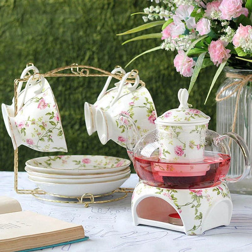 Sophisticated Porcelain Tea Set with Glass Teapot and Elegant Candle Warmer - Ideal for Special Celebrations and Events