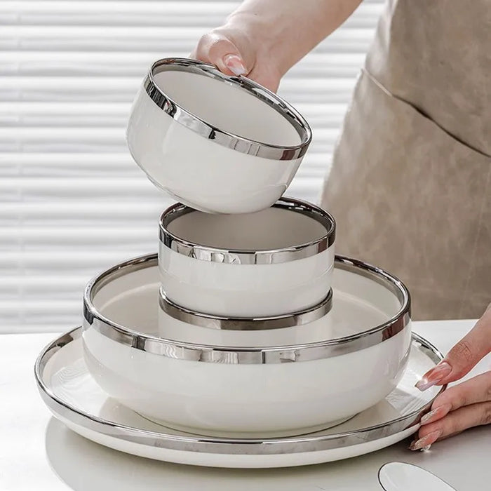 Sophisticated White Ceramic Tableware Set with Silver Accents - Elevate Your Dining Style