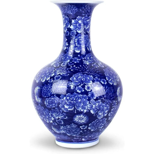 Elegant Porcelain Peony Vase - Handcrafted Blue and White Floral Decoration with Bottle Shape - 14 Inch Height