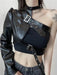 Edgy Asymmetrical Black PU Leather Cropped Halter Jacket