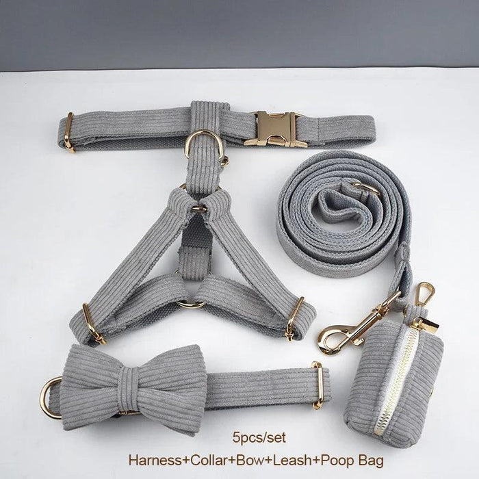 Personalized Light Grey Corduroy Dog Collar and Leash Set with Stylish Accessories