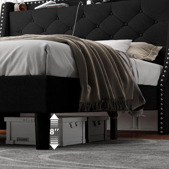 Luxurious Black Wingback Bed Frame with Smart Storage Headboard and Charging Ports