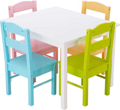 Children's Wooden Table and Chair Set with 4 Chairs - Perfect for Arts & Crafts, Snack Time, Homeschooling, White/Primary Colors