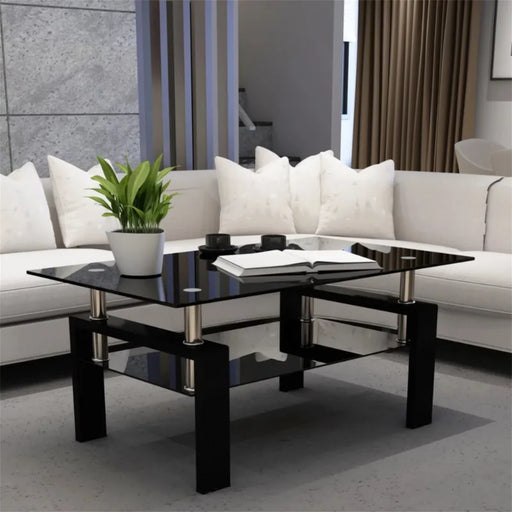 Modern Black Glass Coffee Table with Metal Legs and Storage Shelf