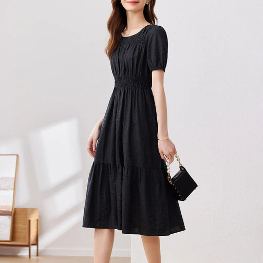 Elegant Black Hepburn Style Pleated Dress for Women - 2024 Summer Office Lady Fashion