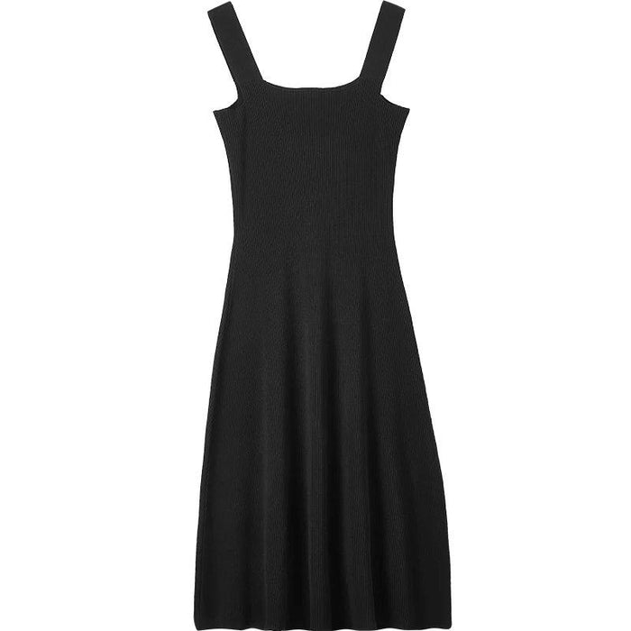 Chic Black Knitted Midi Dress with Square Neck and Spaghetti Straps