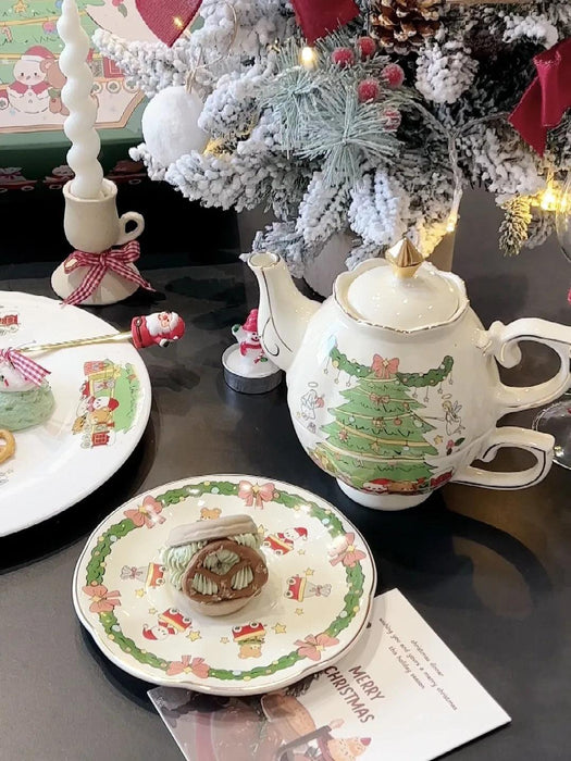 Hand-Drawn Retro Christmas Tea Set with Elegant Gift Box