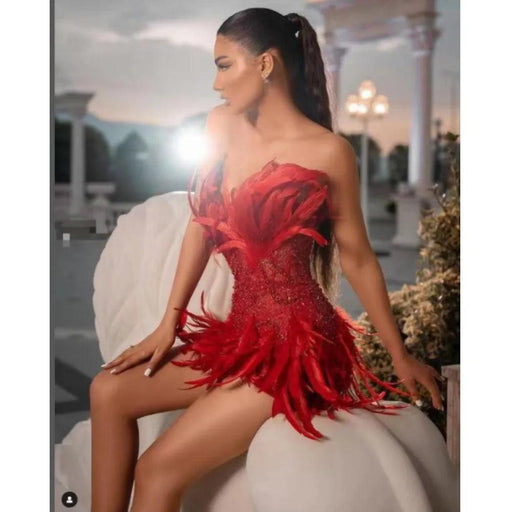 Crimson Glamour Feather Mini Dress - Luxe Edition