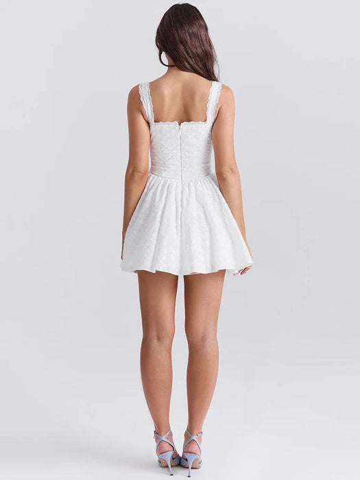 Chic White Embroidered A-Line Mini Dress with Waist Belt – Sleeveless V Neck, Backless Design for Stylish Night Out