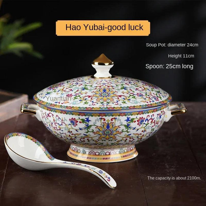 Authentic Elegant Under-glazed Ceramic Soup Pot with Lid and Spoon - Large Round Design with Gold Accents for Chinese Dining and Decor